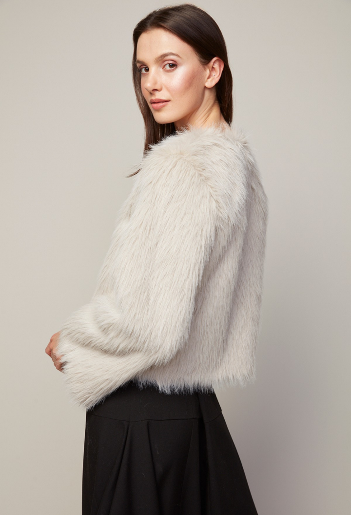 Adroit Atelier Blaine Collarless Faux Fur Jacket in Birch available at Barbara Katz