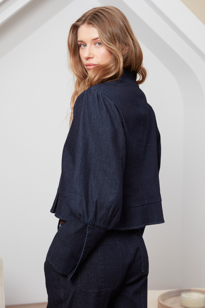 Adroit Atelier Celia Button-Front Short Denim Jacket in Dark Denim available at Barbara Katz