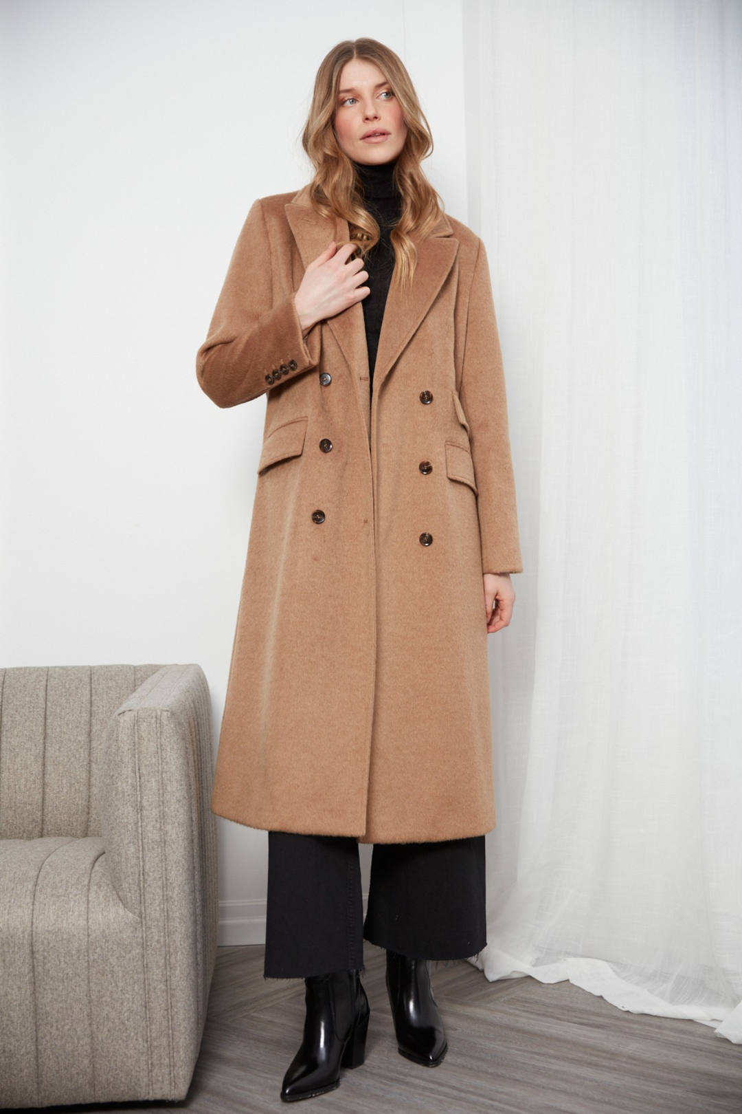 Adroit Atelier Bennett Double Breasted Long Wool Blend Coat in Camel available at Barbara Katz