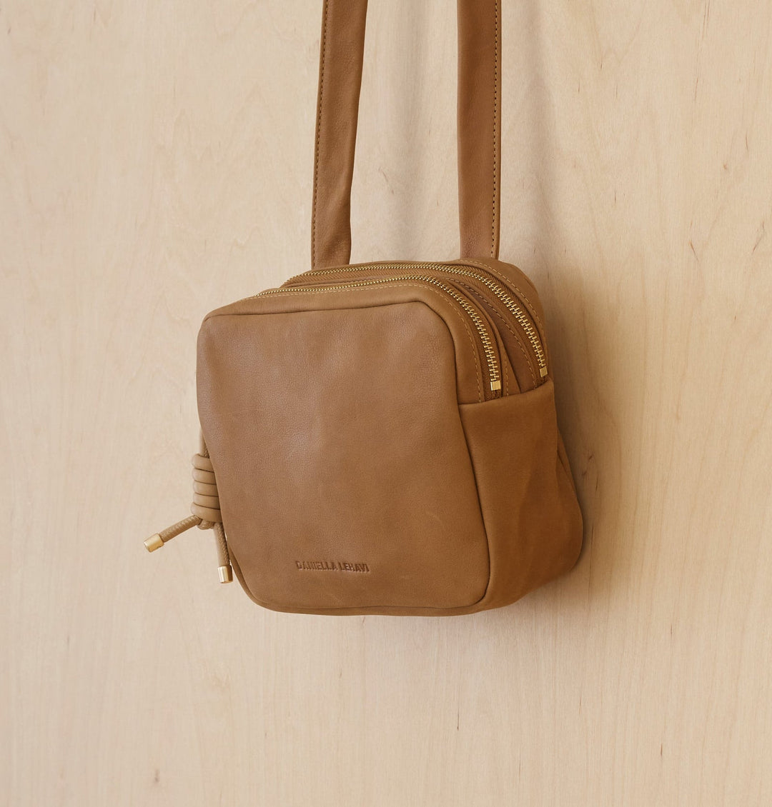 Daniella Lehavi Louise Loop Mini Box Crossbody Bag in Camel available at Barbara Katz