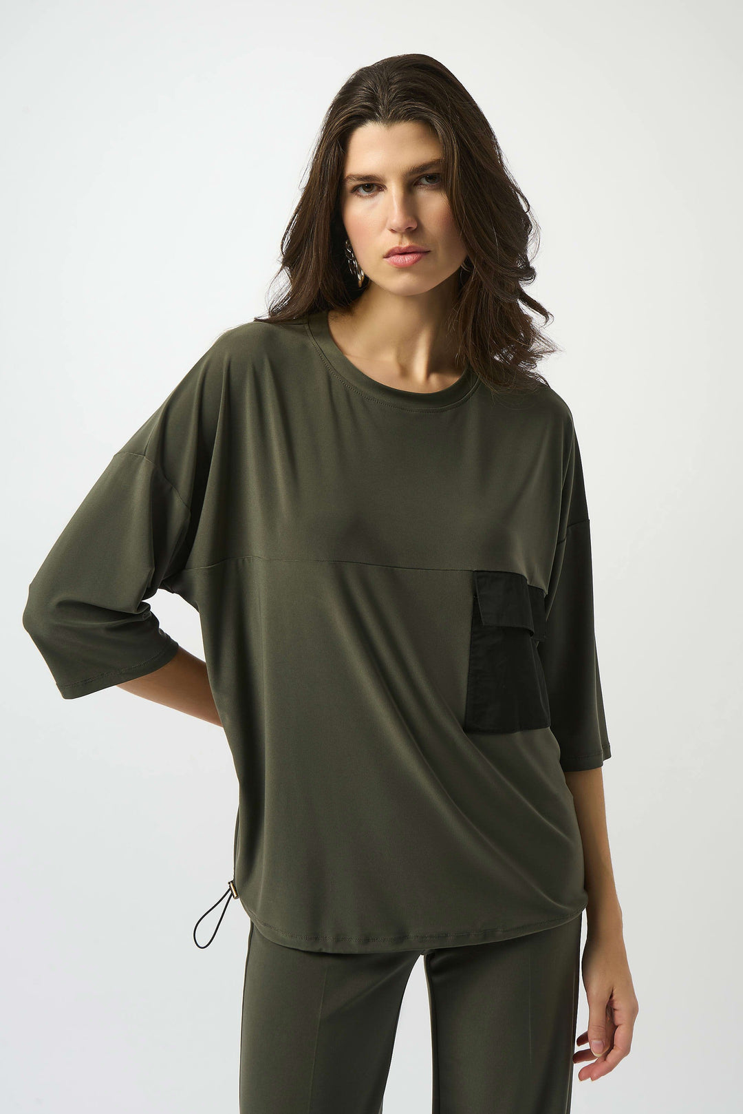 Joseph Ribkoff Rita Ruched Top With Pocket in Avocado/Black available at Barbara Katz