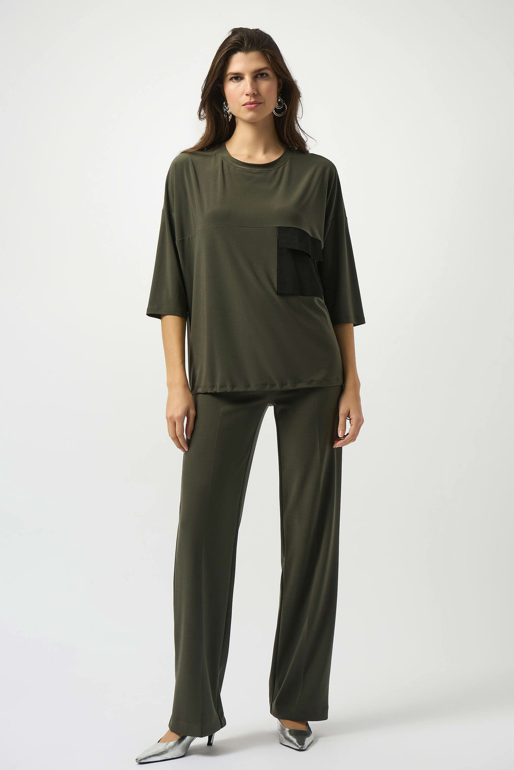 Joseph Ribkoff Rita Ruched Top With Pocket in Avocado/Black available at Barbara Katz