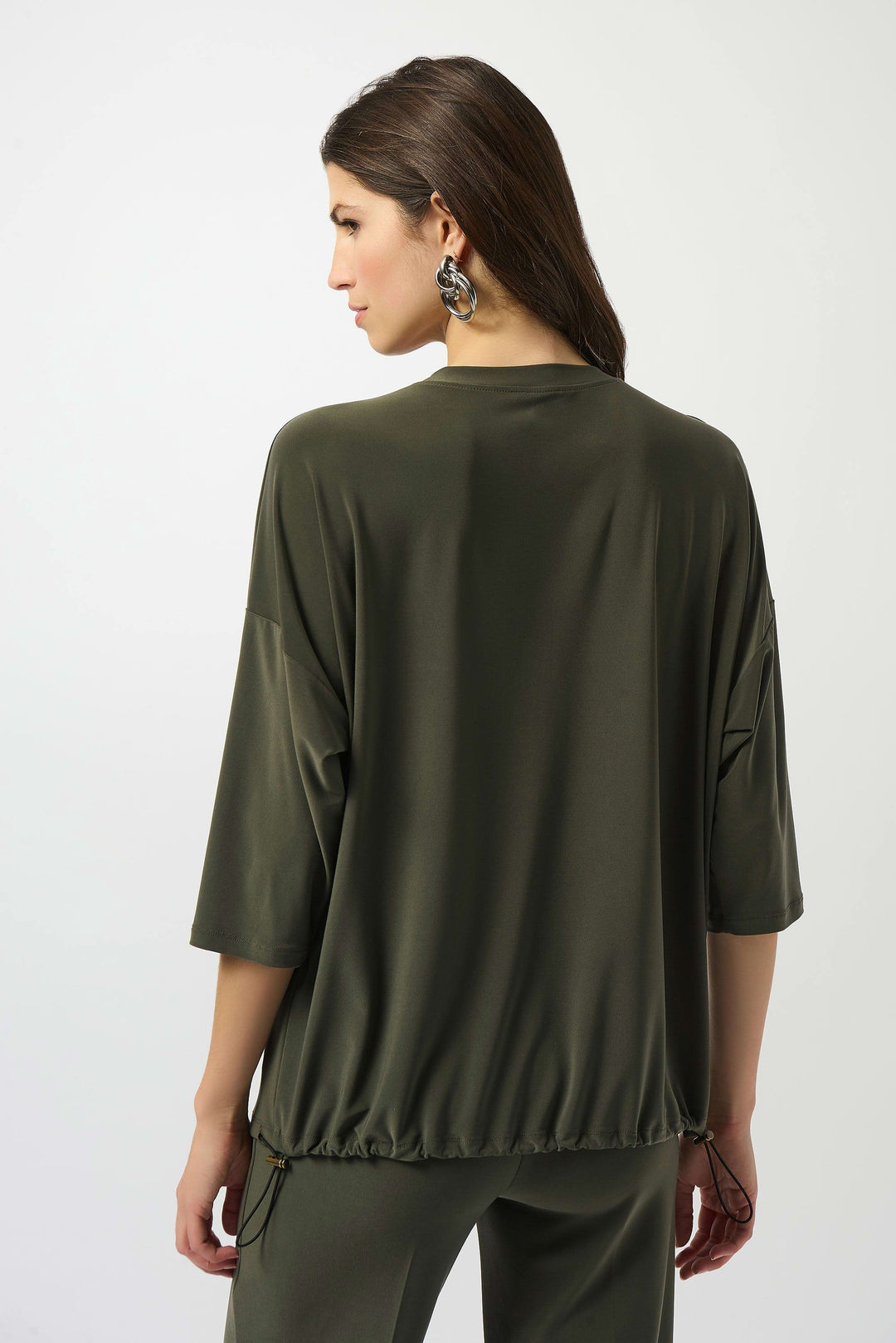 Joseph Ribkoff Rita Ruched Top With Pocket in Avocado/Black available at Barbara Katz