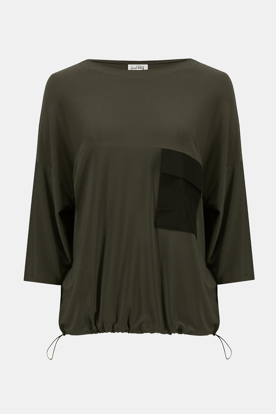 Joseph Ribkoff Rita Ruched Top With Pocket in Avocado/Black available at Barbara Katz