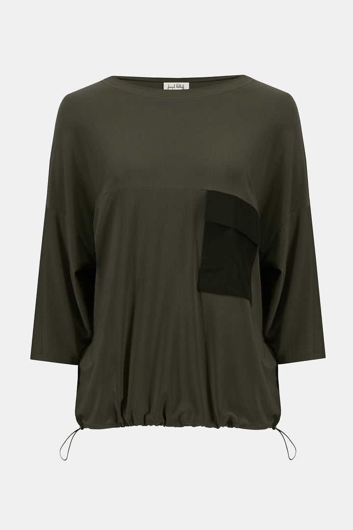Joseph Ribkoff Rita Ruched Top With Pocket in Avocado/Black available at Barbara Katz