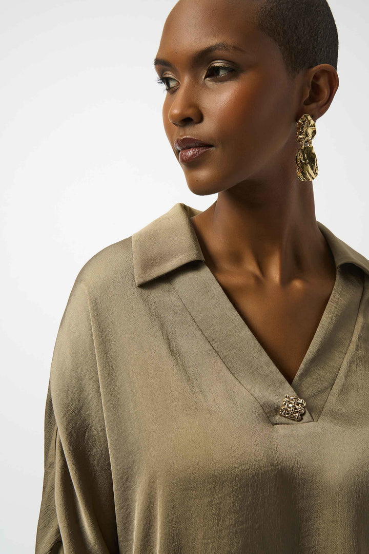 Joseph Ribkoff Dulce Polo With Brooch in Java available at Barbara Katz