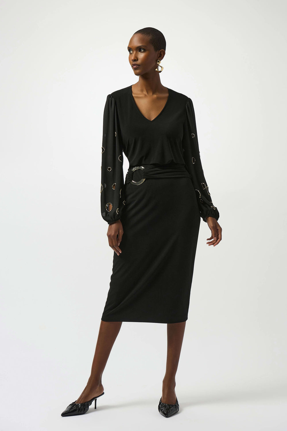 Joseph Ribkoff Ardine V-Neck Cutout Blouse in Black available at Barbara Katz