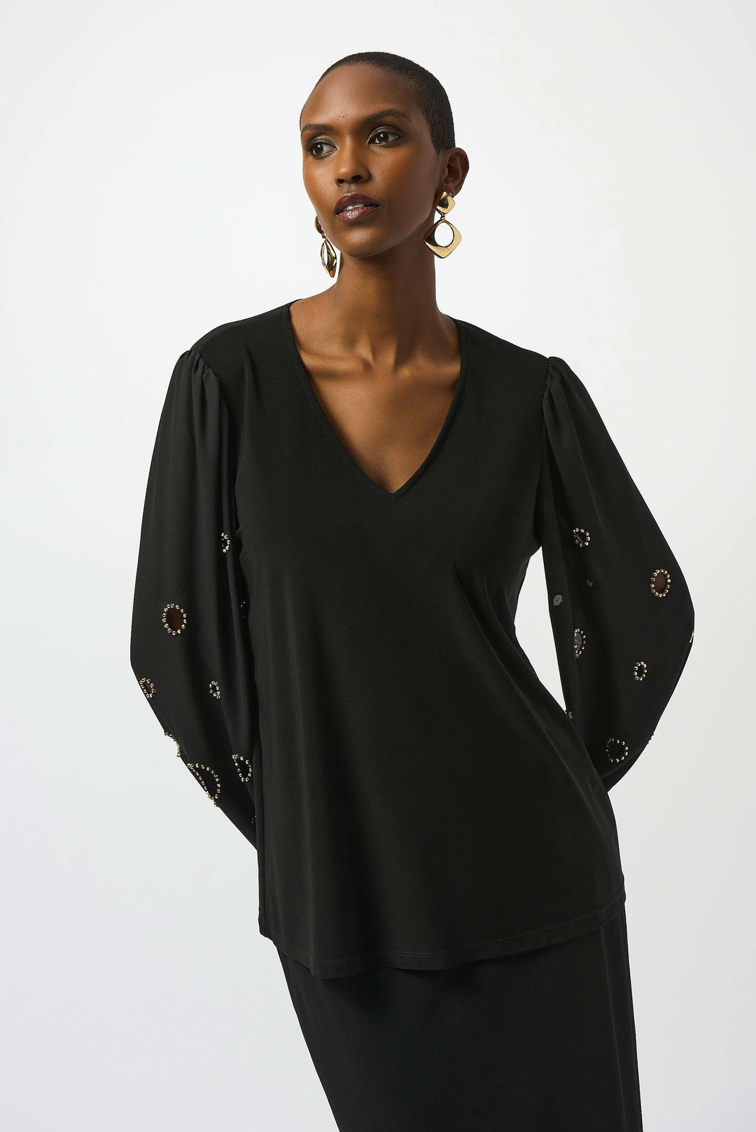 Joseph Ribkoff Ardine V-Neck Cutout Blouse in Black available at Barbara Katz