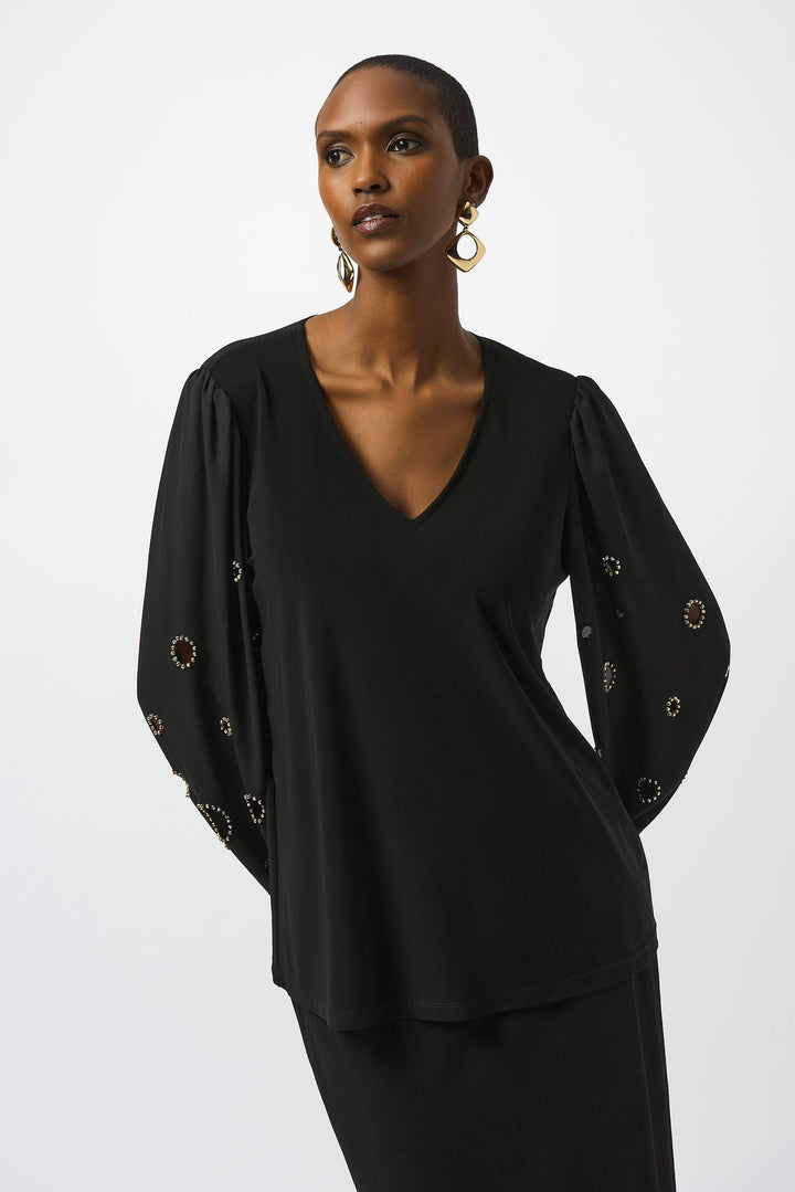 Joseph Ribkoff Ardine V-Neck Cutout Blouse in Black available at Barbara Katz