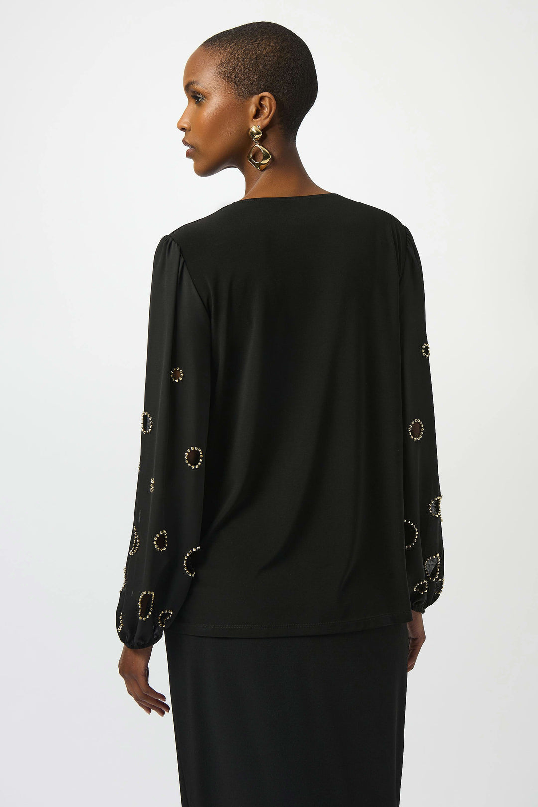 Joseph Ribkoff Ardine V-Neck Cutout Blouse in Black available at Barbara Katz