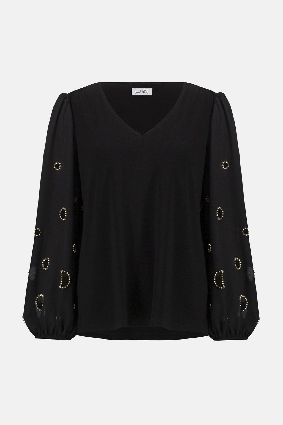 Joseph Ribkoff Ardine V-Neck Cutout Blouse in Black available at Barbara Katz
