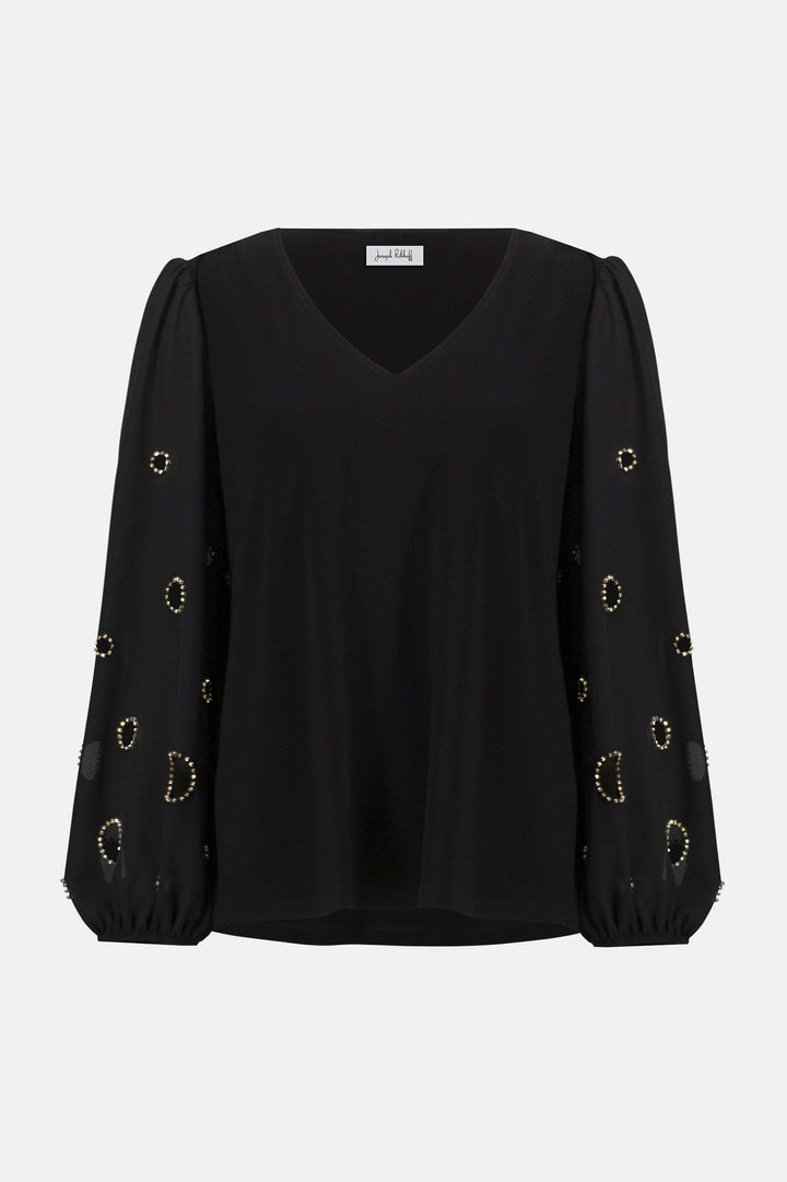 Joseph Ribkoff Ardine V-Neck Cutout Blouse in Black available at Barbara Katz