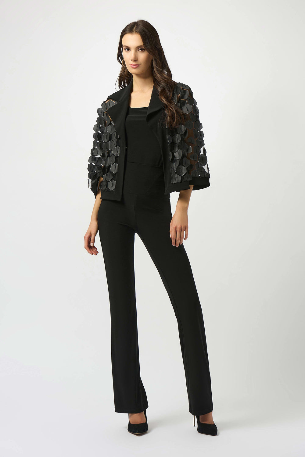 Joseph Ribkoff Octagonal Applique Mesh Jacket in Black available at Barbara Katz