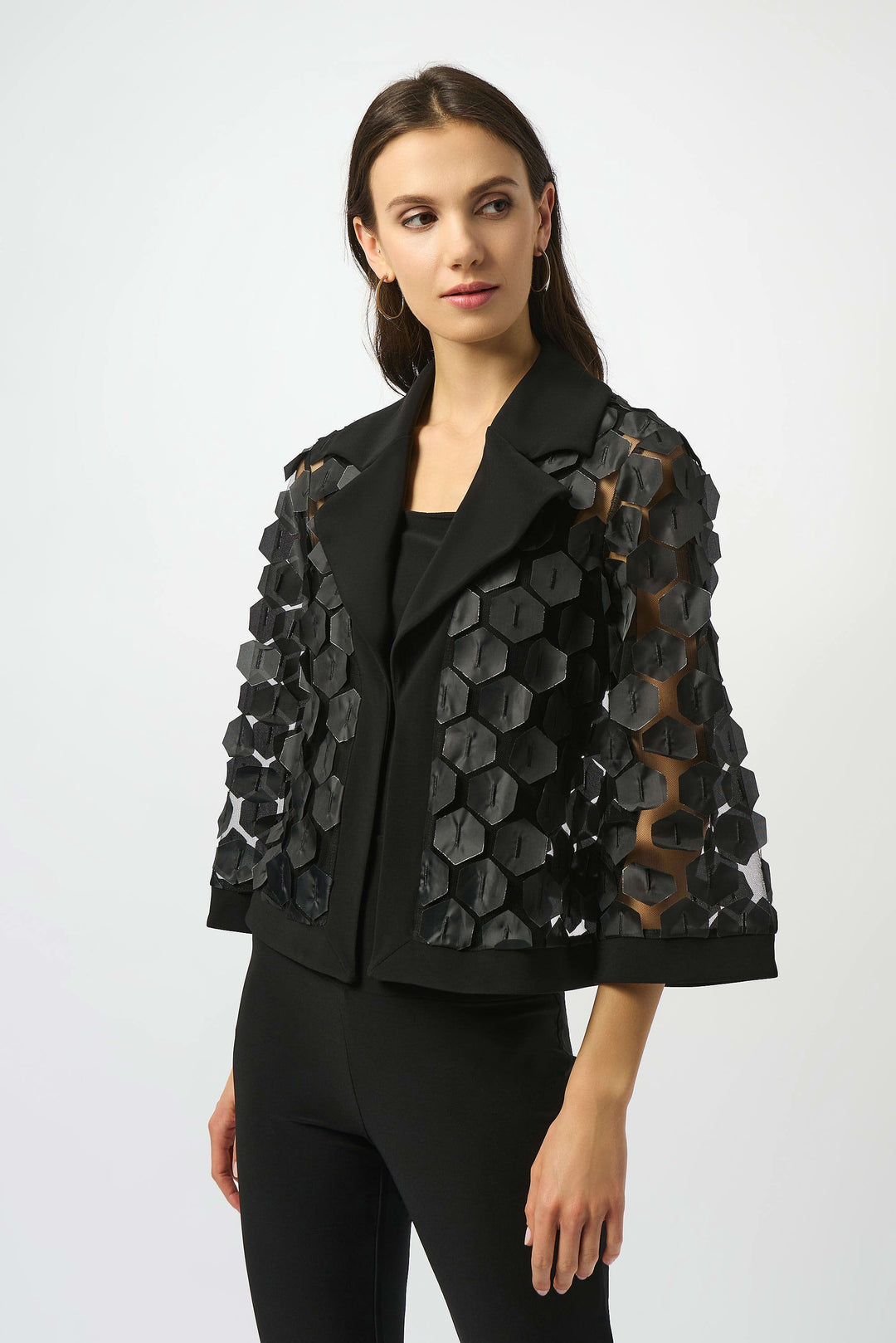 Joseph Ribkoff Octagonal Applique Mesh Jacket in Black available at Barbara Katz