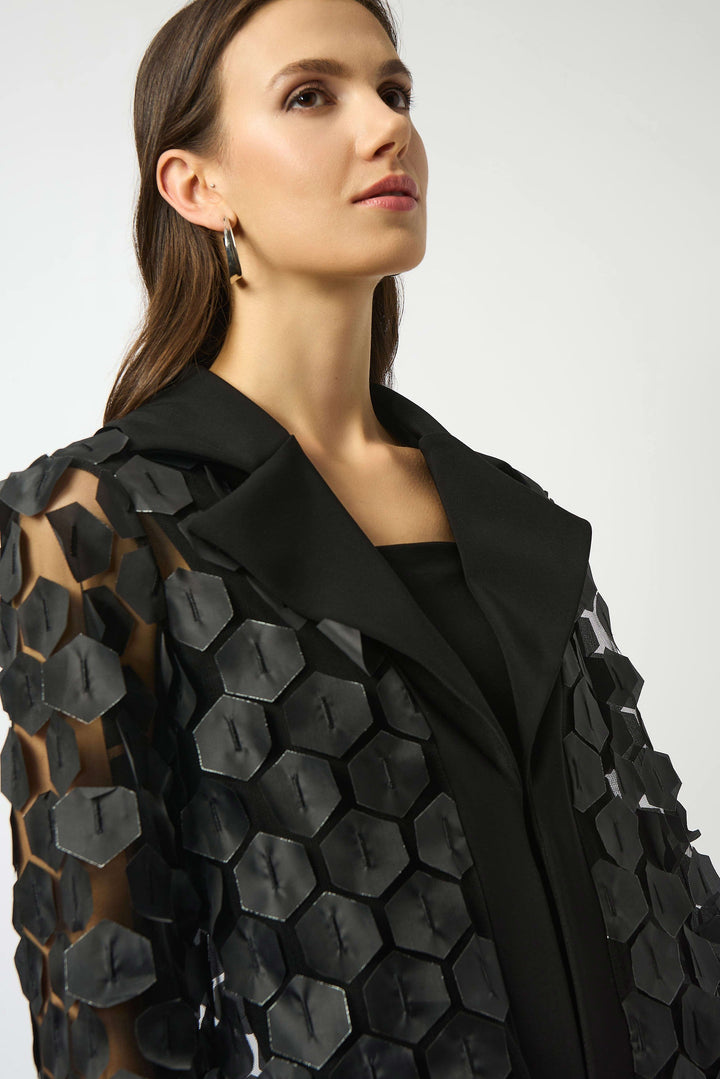Joseph Ribkoff Octagonal Applique Mesh Jacket in Black available at Barbara Katz