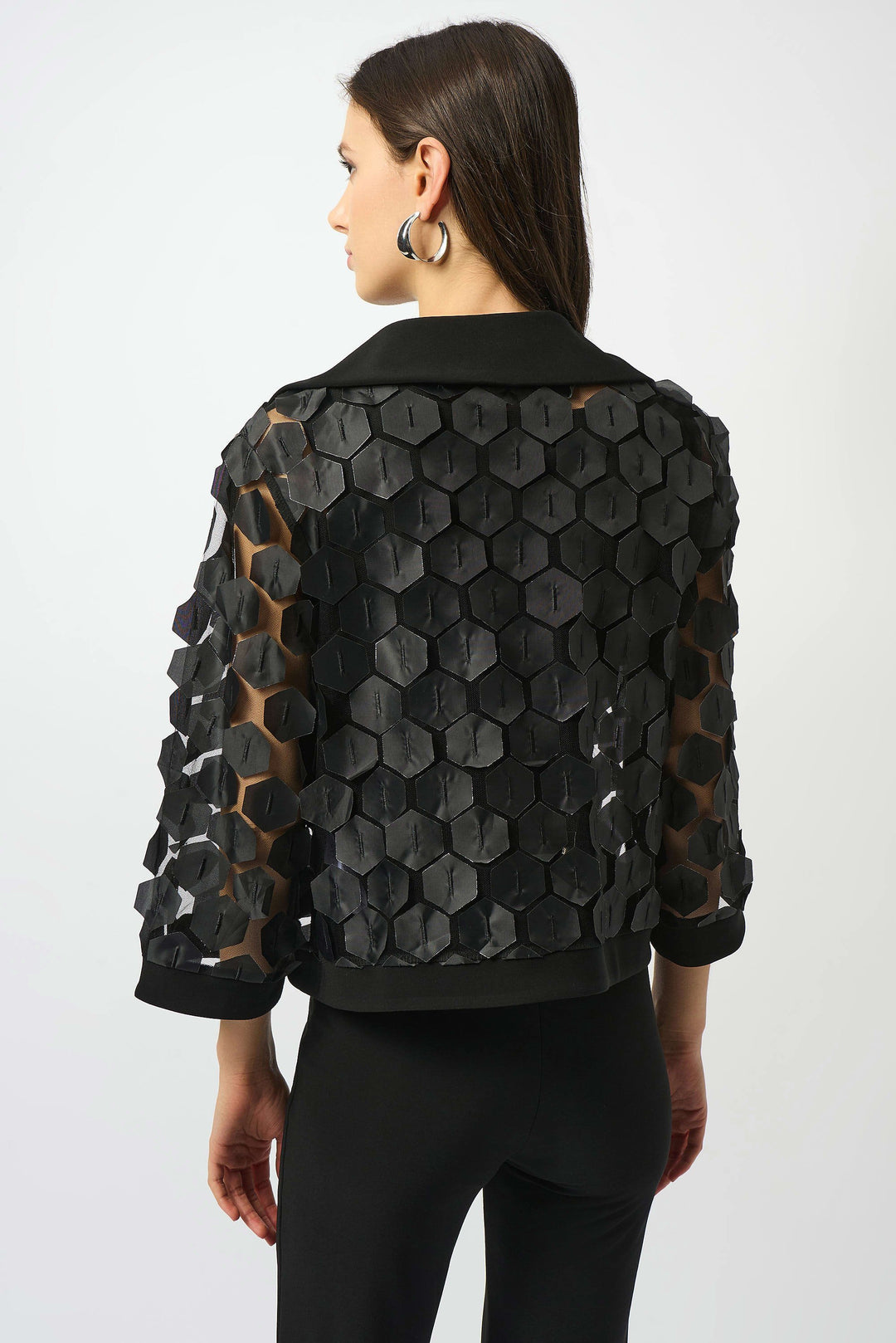 Joseph Ribkoff Octagonal Applique Mesh Jacket in Black available at Barbara Katz