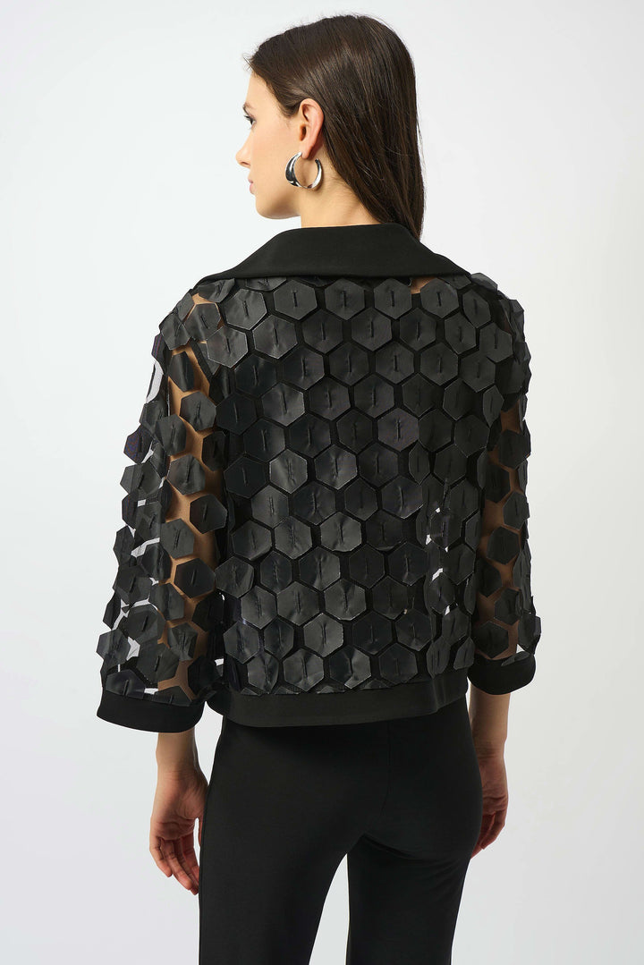 Joseph Ribkoff Octagonal Applique Mesh Jacket in Black available at Barbara Katz