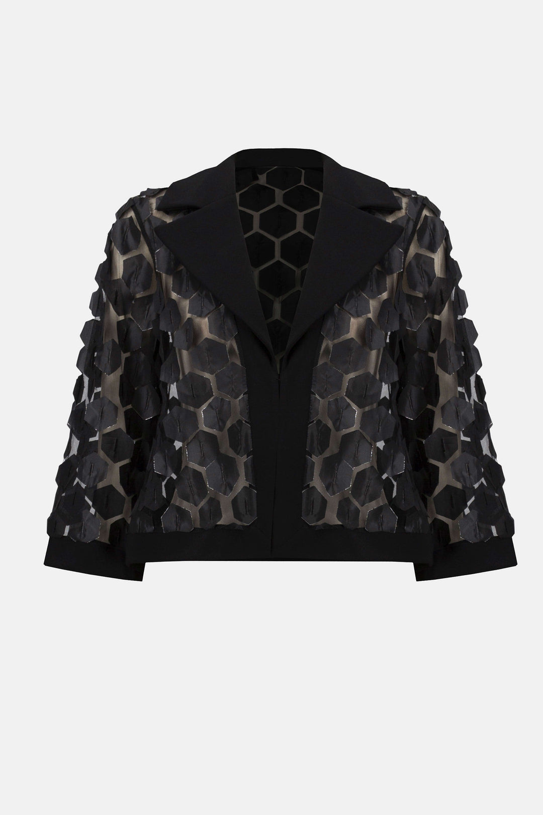 Joseph Ribkoff Octagonal Applique Mesh Jacket in Black available at Barbara Katz