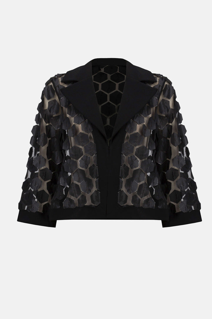 Joseph Ribkoff Octagonal Applique Mesh Jacket in Black available at Barbara Katz
