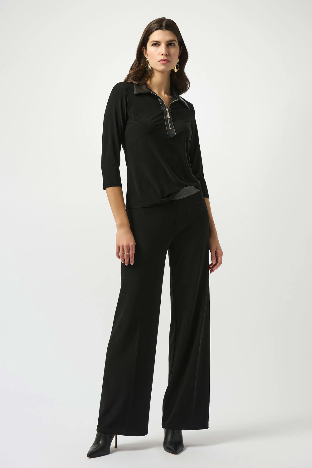 Joseph Ribkoff Ruana Polo Leather Combo Top in Black available at Barbara Katz