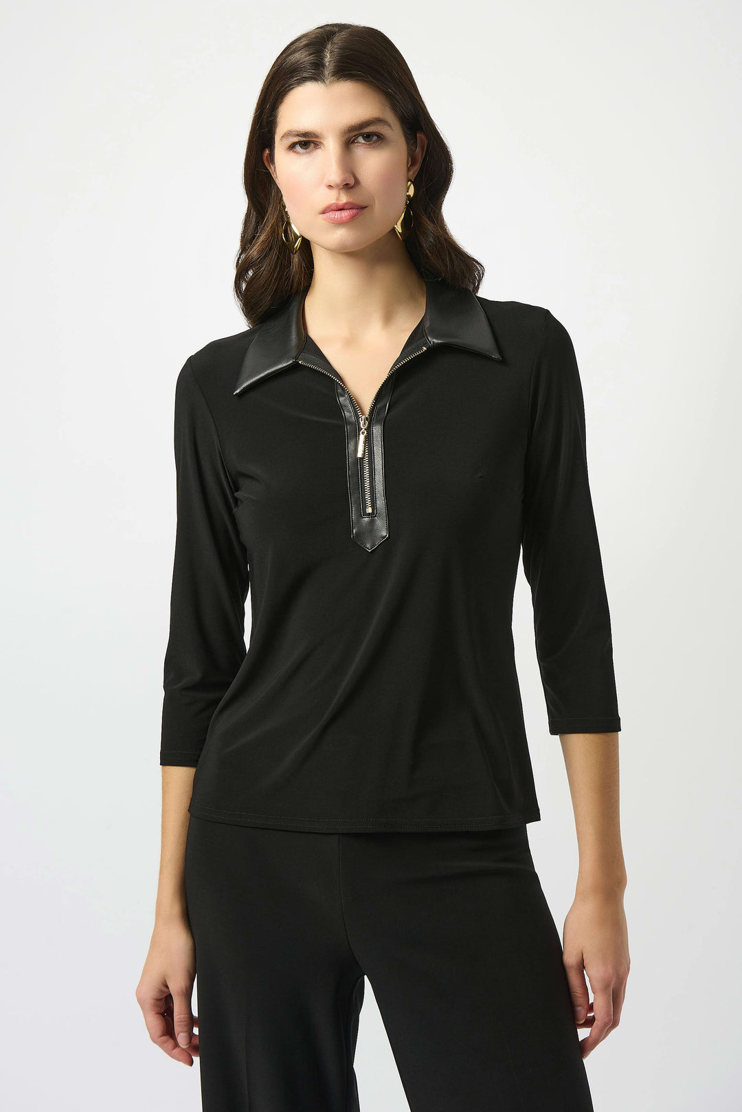 Joseph Ribkoff Ruana Polo Leather Combo Top in Black available at Barbara Katz