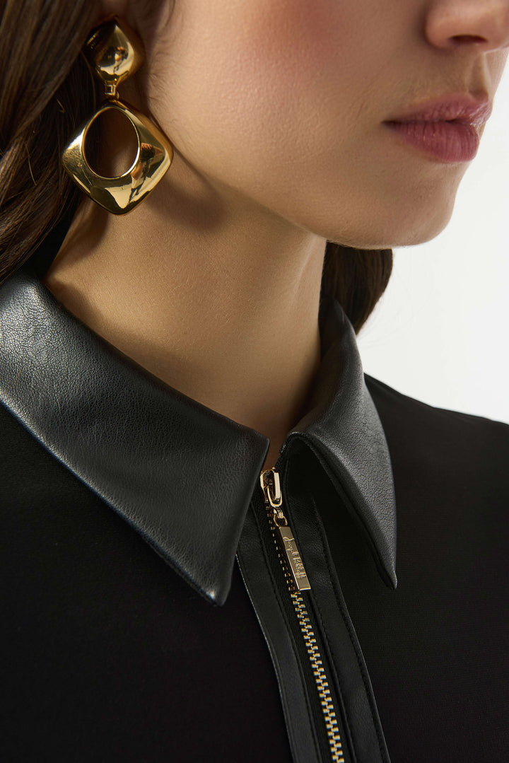 Joseph Ribkoff Ruana Polo Leather Combo Top in Black available at Barbara Katz