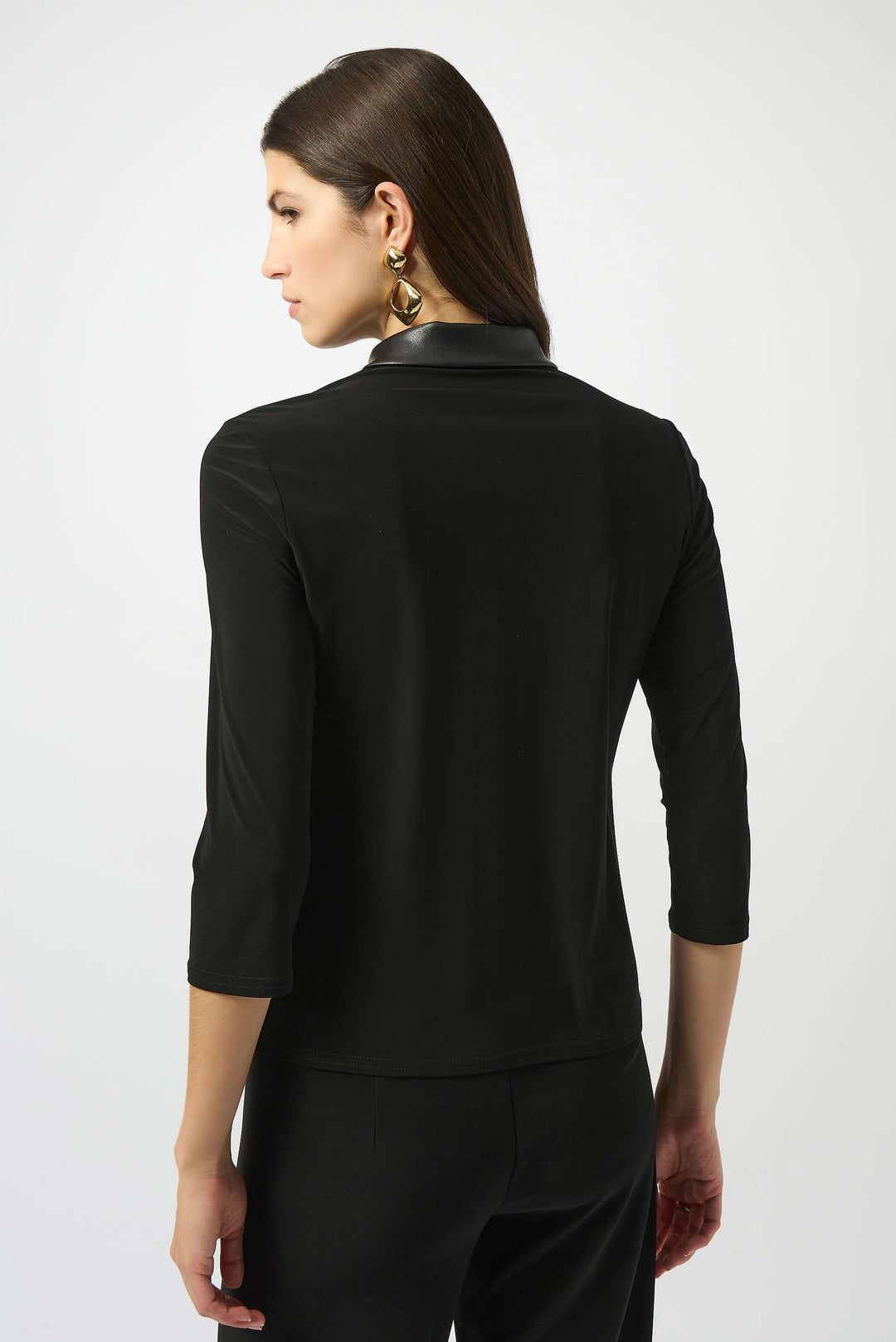 Joseph Ribkoff Ruana Polo Leather Combo Top in Black available at Barbara Katz