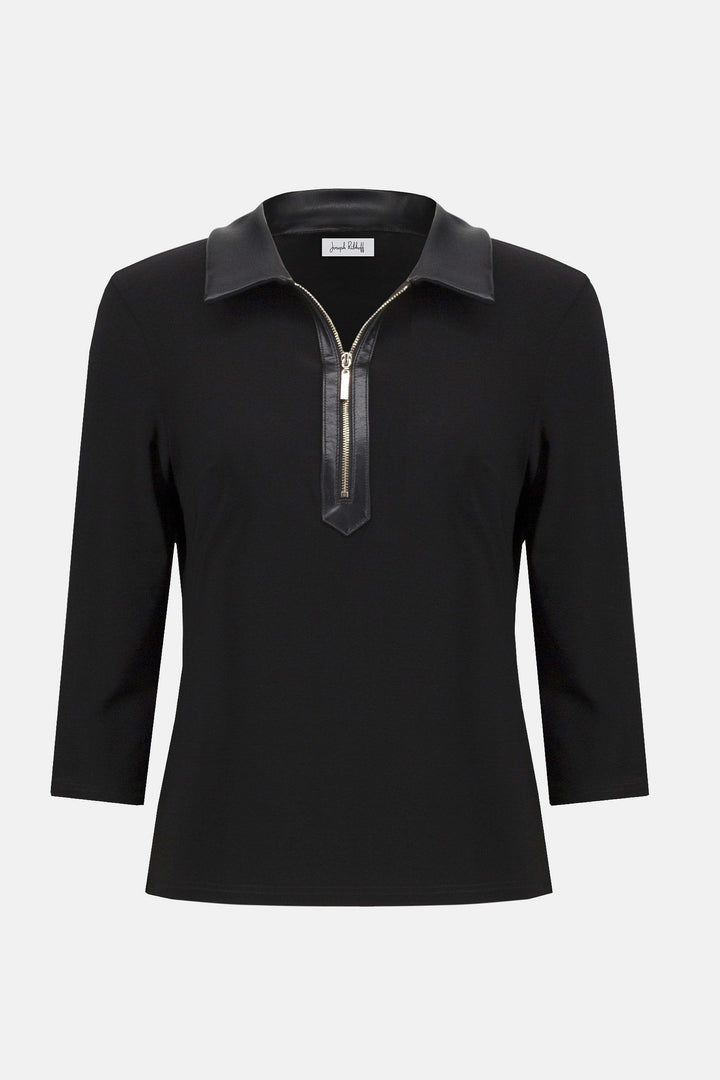 Joseph Ribkoff Ruana Polo Leather Combo Top in Black available at Barbara Katz