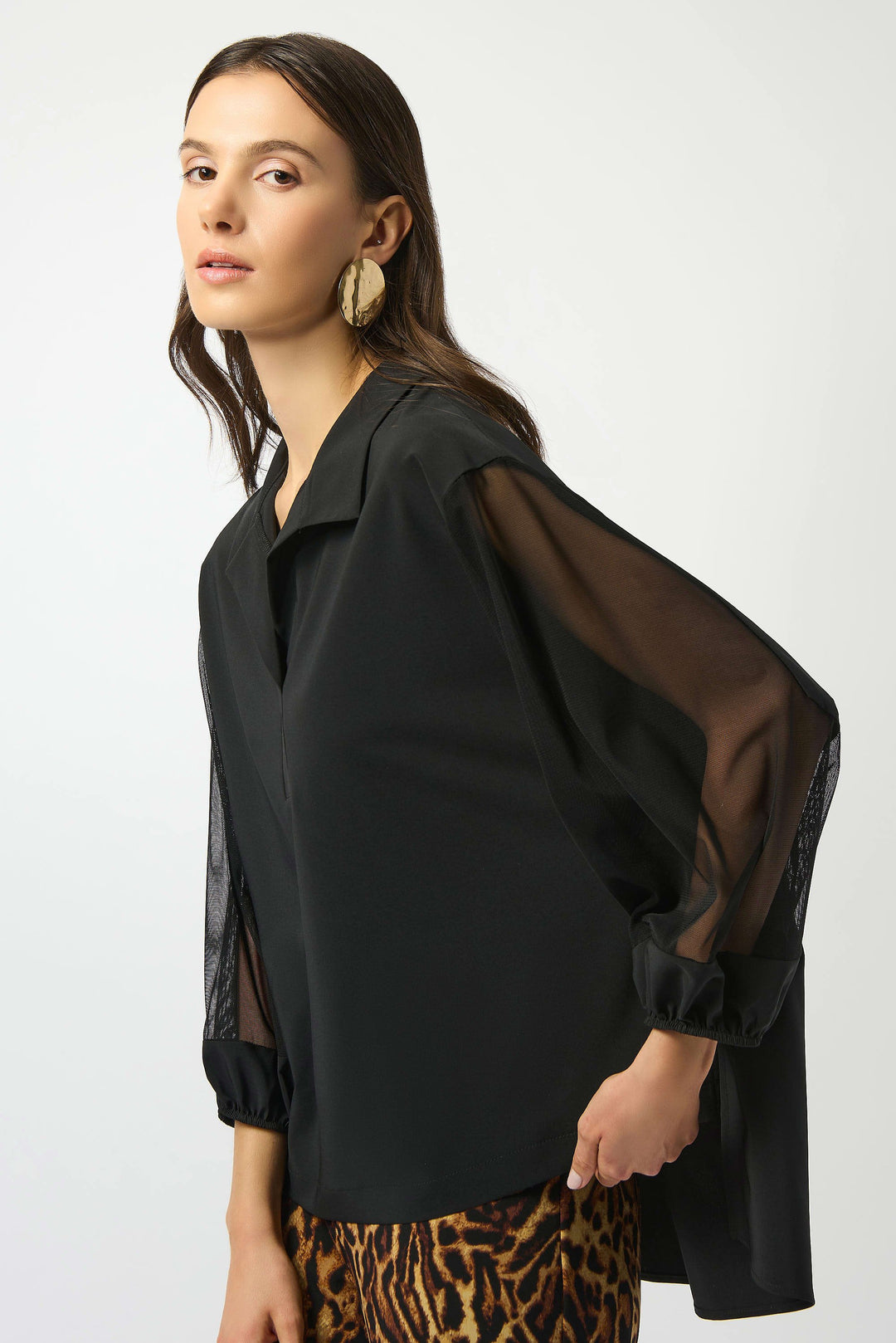 Joseph Ribkoff Joane Sheer Sleeve Blouse in Black available at Barbara Katz