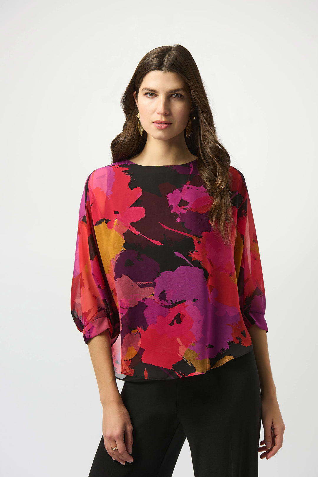 Joseph Ribkoff Flower Tunic Blouse in Black/Multi available at Barbara Katz