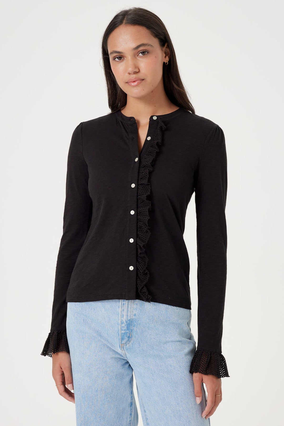 Goldie Isabel Ruffle Shirt in Black available at Barbara Katz