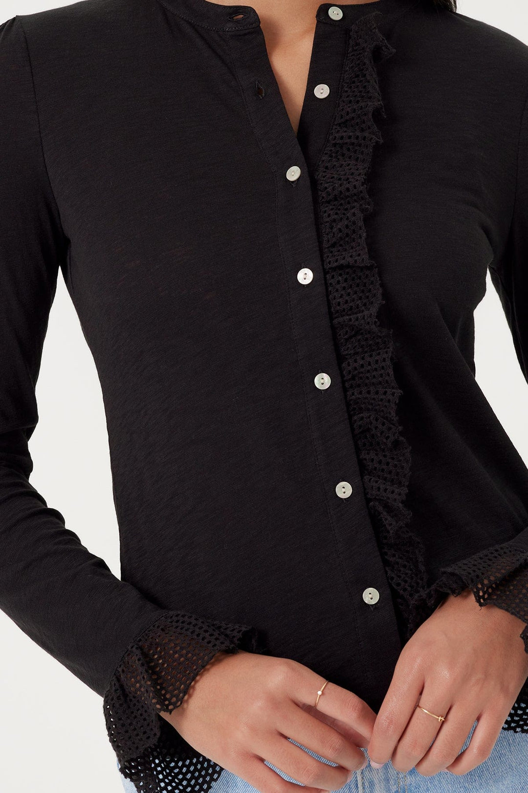 Goldie Isabel Long Sleeve Ruffle Shirt in Black available at Barbara Katz