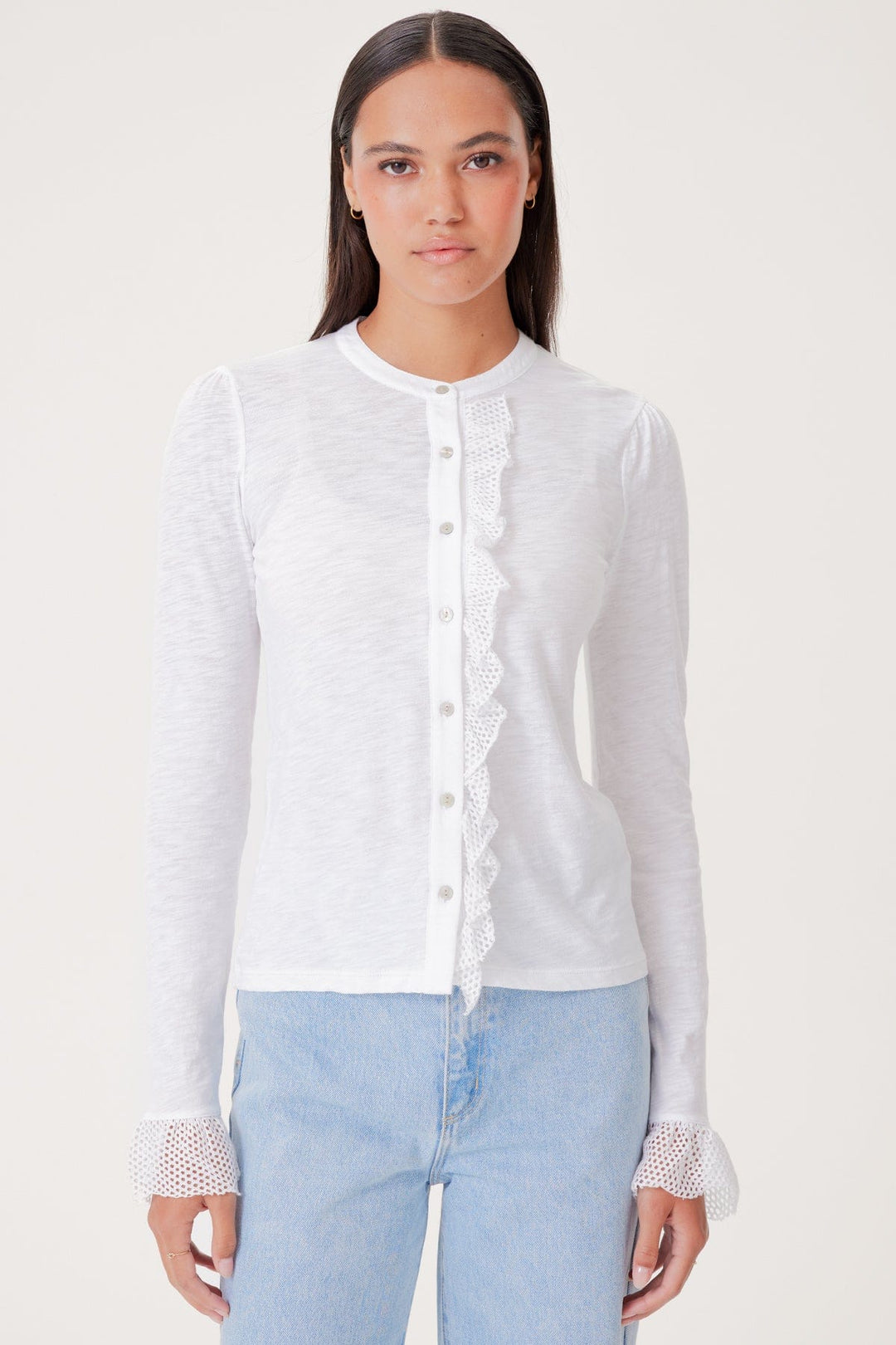 Goldie Isabel Ruffle Shirt in White available at Barbara Katz