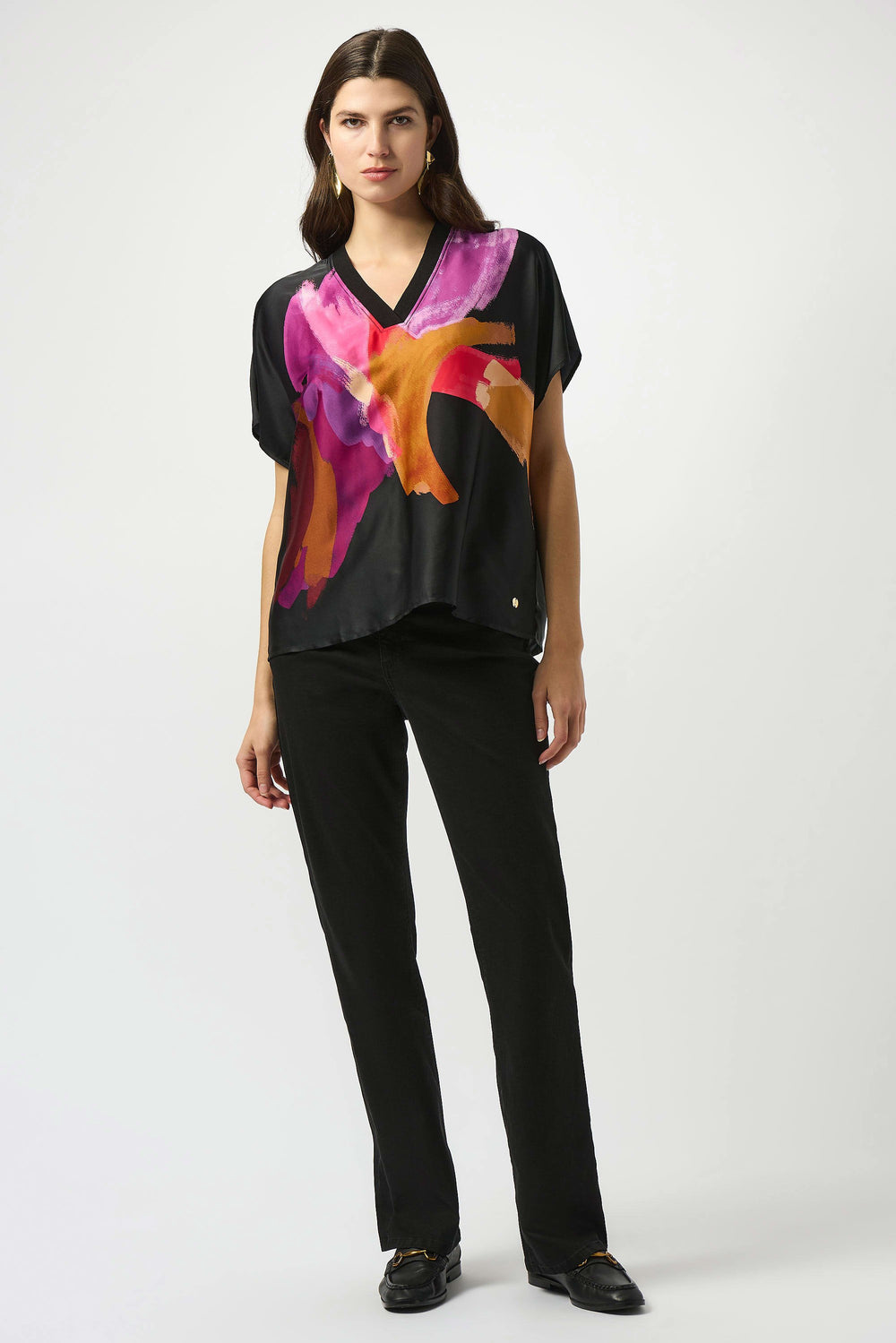 Joseph Ribkoff Suzzane Paint V-Neck Top in Black/Multi available at Barbara Katz