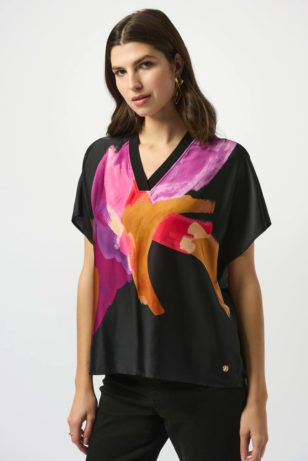 Joseph Ribkoff Suzzane Paint V-Neck Top in Black/Multi available at Barbara Katz