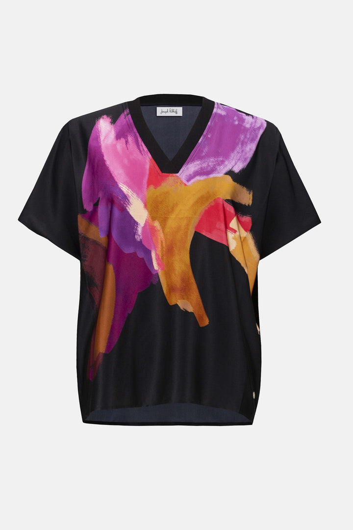 Joseph Ribkoff Suzzane Paint V-Neck Top in Black/Multi available at Barbara Katz