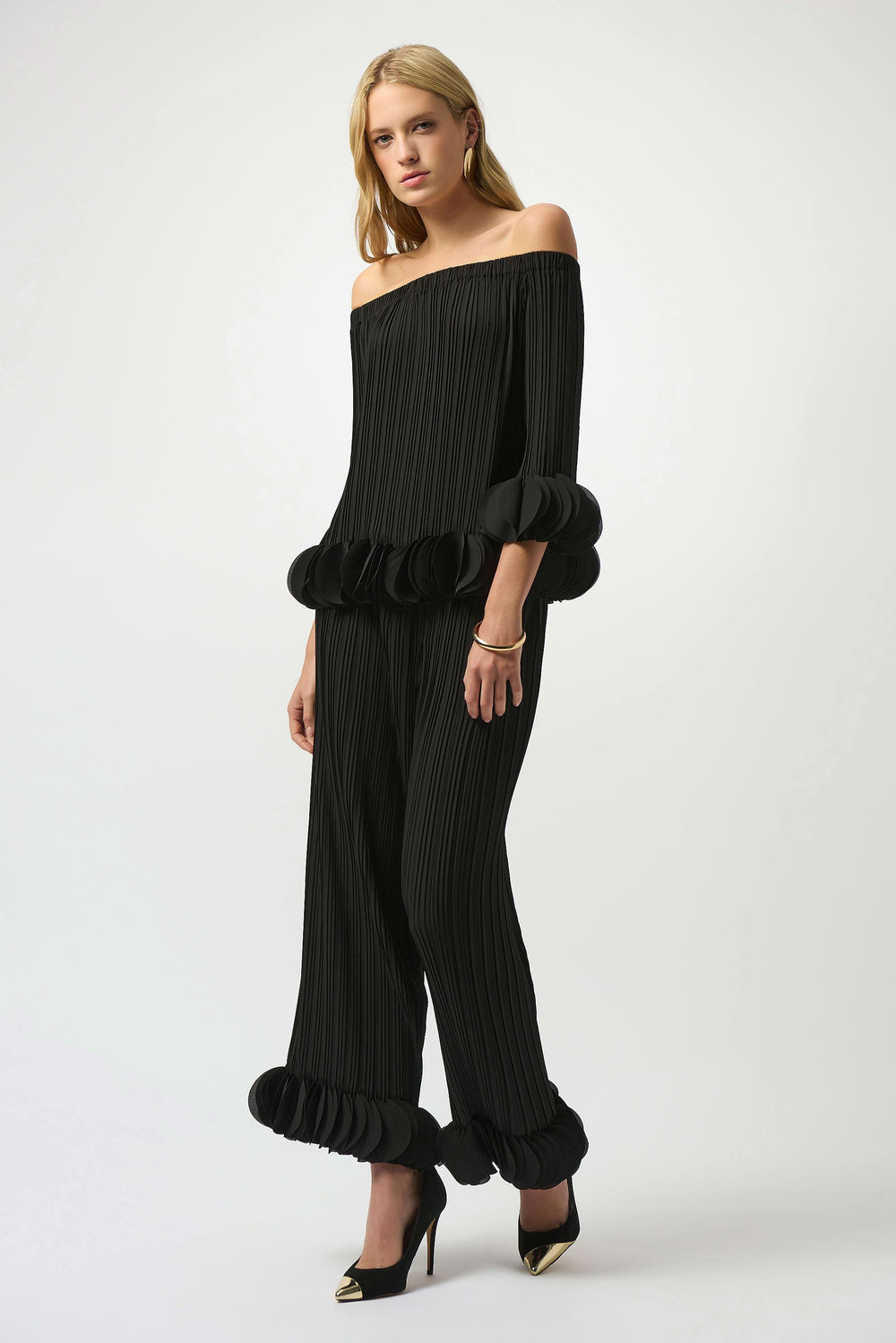 Joseph Ribkoff Joa Ruffle Out Of Shoulder Top in Black available at Barbara Katz