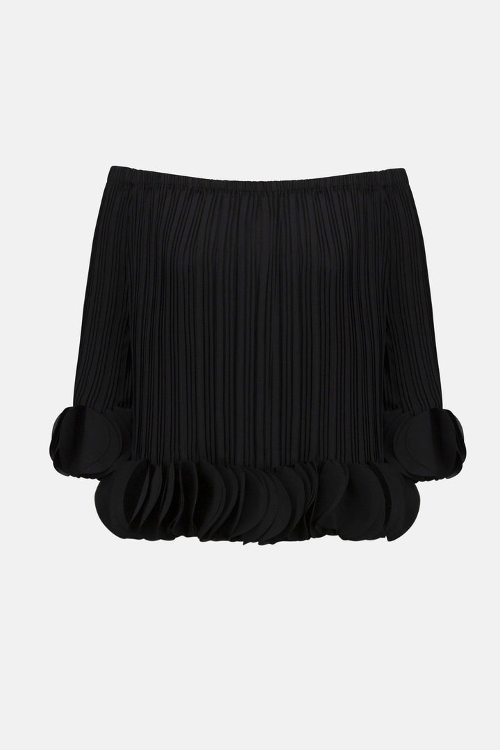 Joseph Ribkoff Joa Ruffle Out Of Shoulder Top in Black available at Barbara Katz