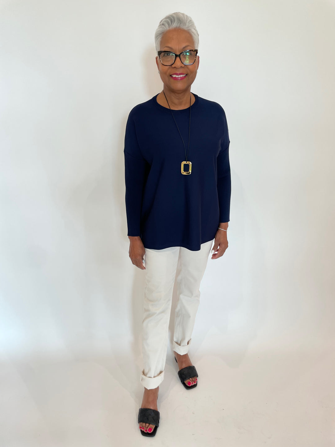 Billie Wendy Knit Boxy Sweater in Navy paired with MAC Dream Jeans in Antique White available at Barbara Katz