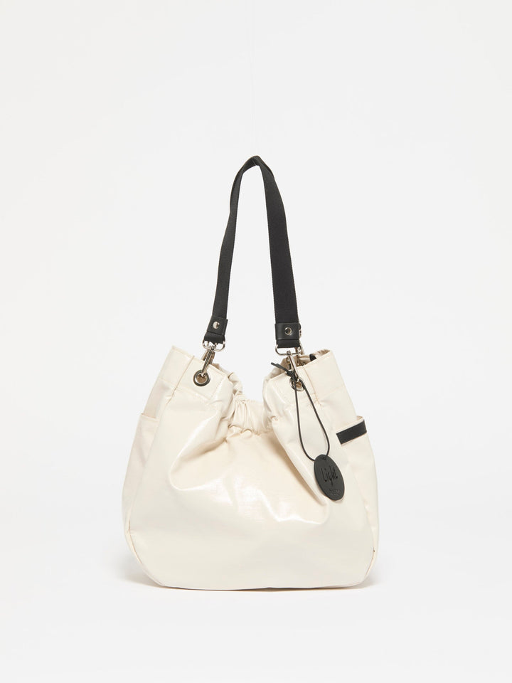 Jack Gomme Cara Light Aqua Tote Bag in Shiny Ivoire available at Barbara Katz