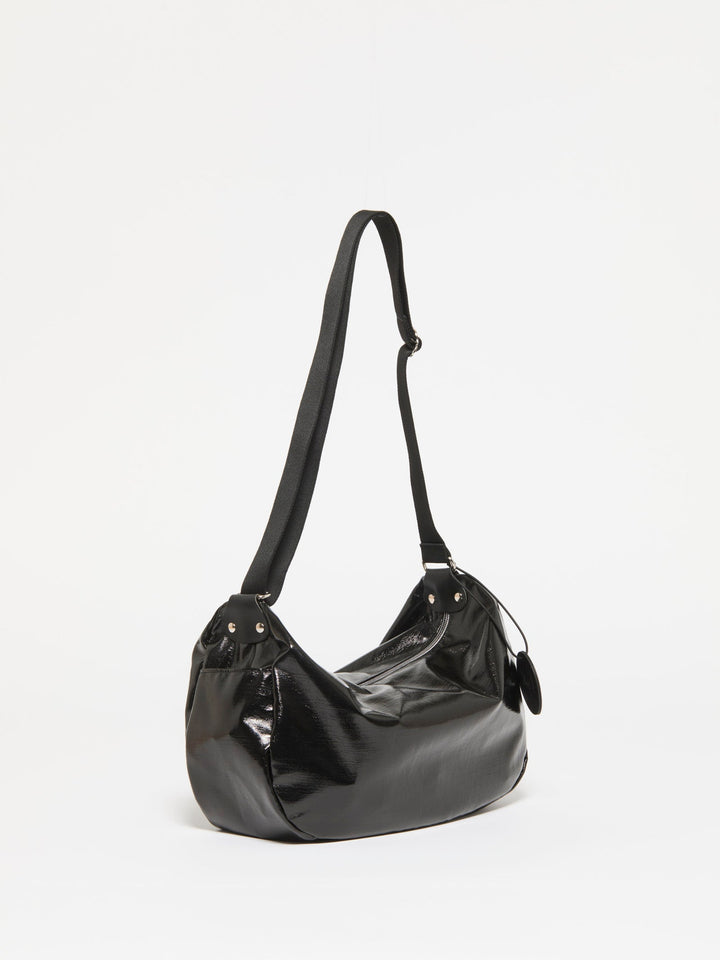 Jack Gomme Liris Light Vegan Aqua Shoulder Bag in Shiny Noir available at Barbara Katz