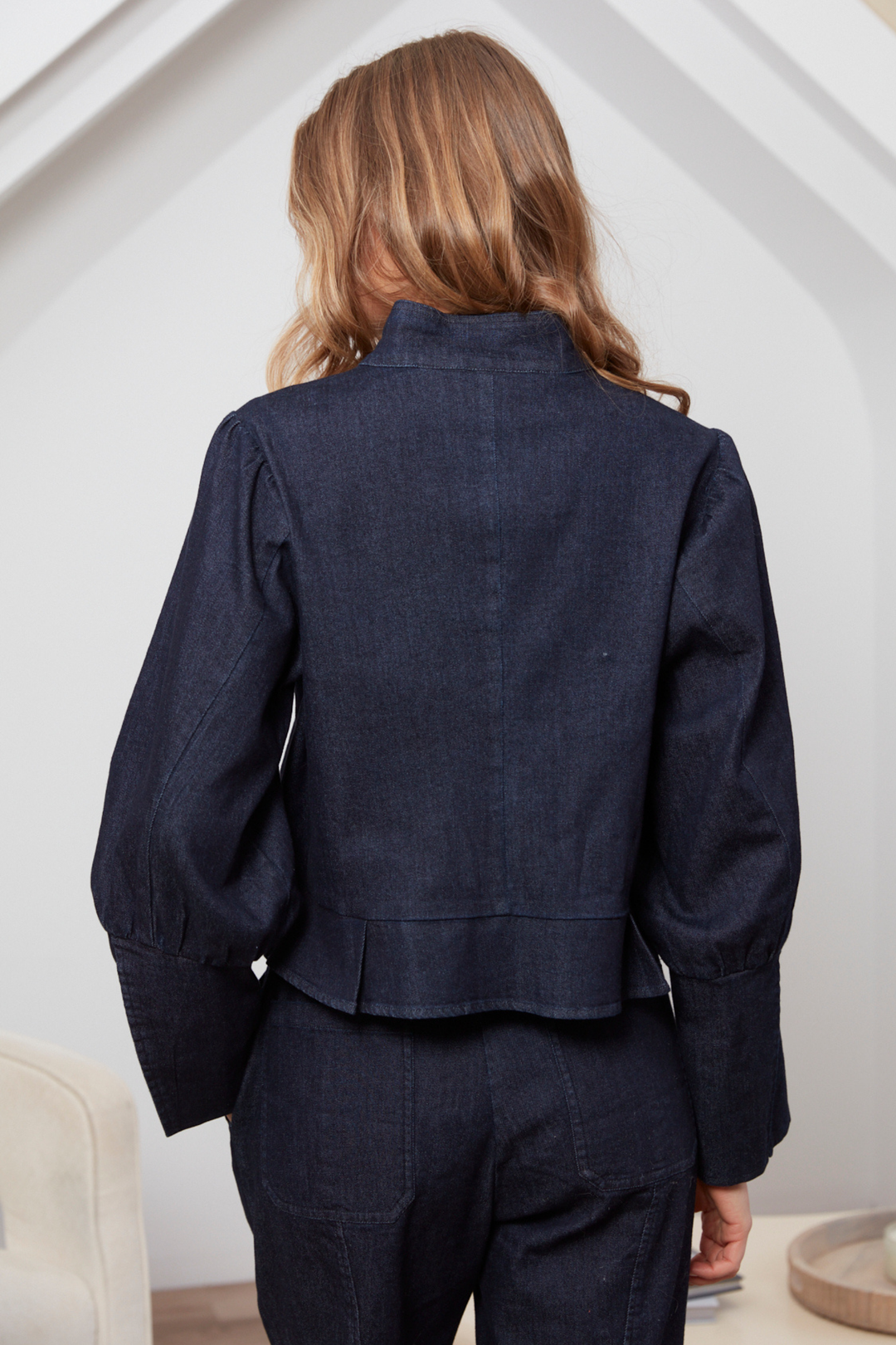 Adroit Atelier Celia Button-Front Short Denim Jacket in Dark Denim available at Barbara Katz