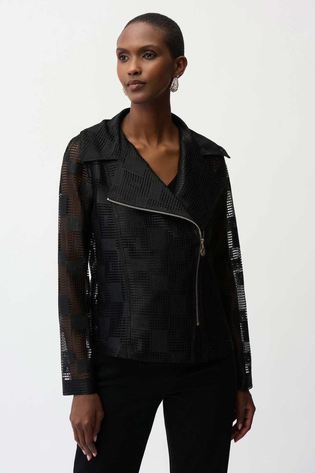 Joseph Ribkoff Geometric Mesh Moto Jacket With Asymmetric Zipper in Black available at Barbara Katz
