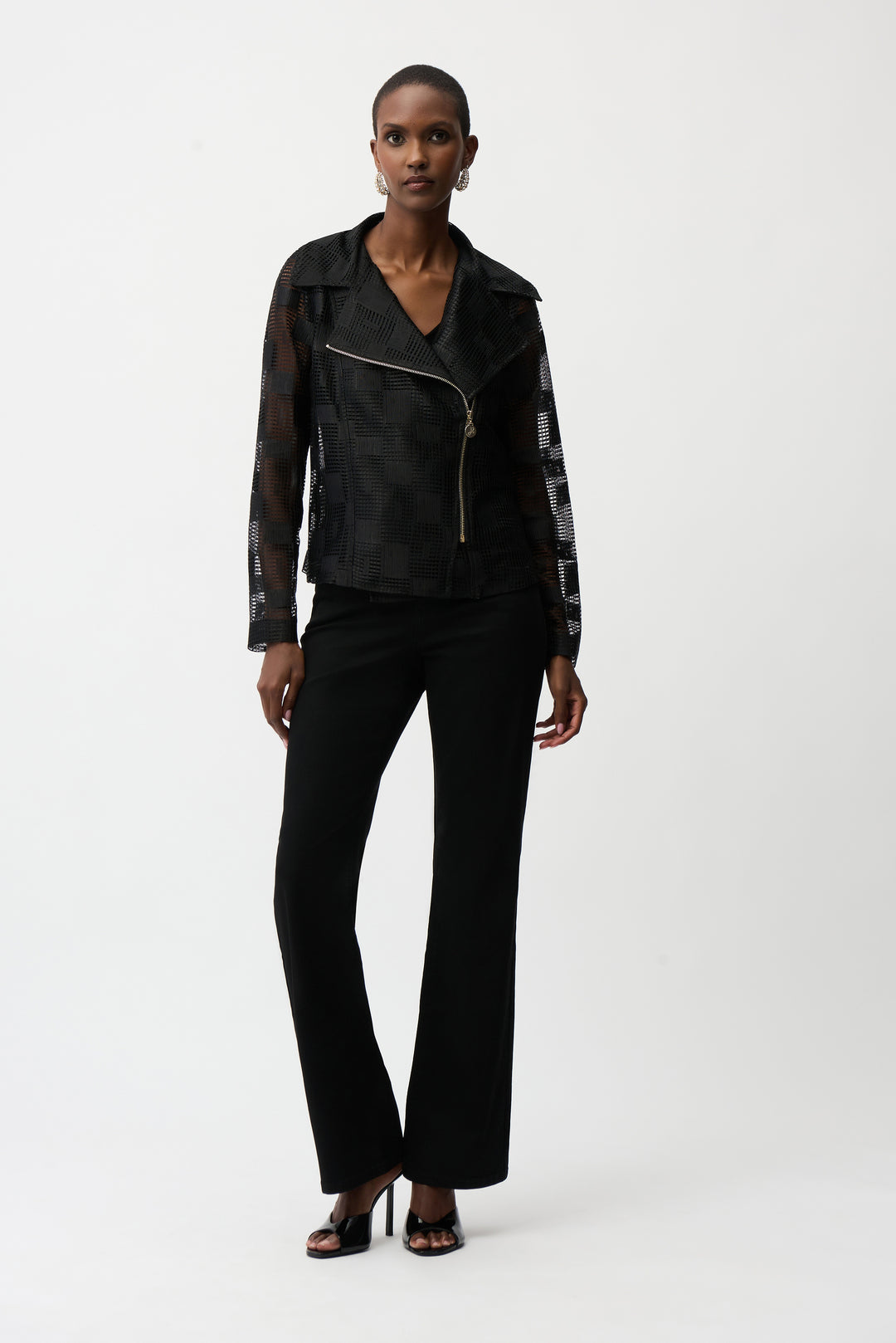 Joseph Ribkoff Geometric Mesh Moto Jacket With Asymmetric Zipper in Black available at Barbara Katz