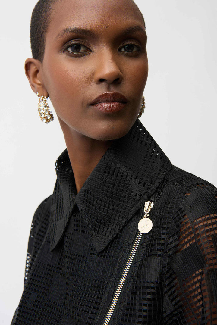 Joseph Ribkoff Geometric Mesh Moto Jacket With Asymmetric Zipper in Black available at Barbara Katz