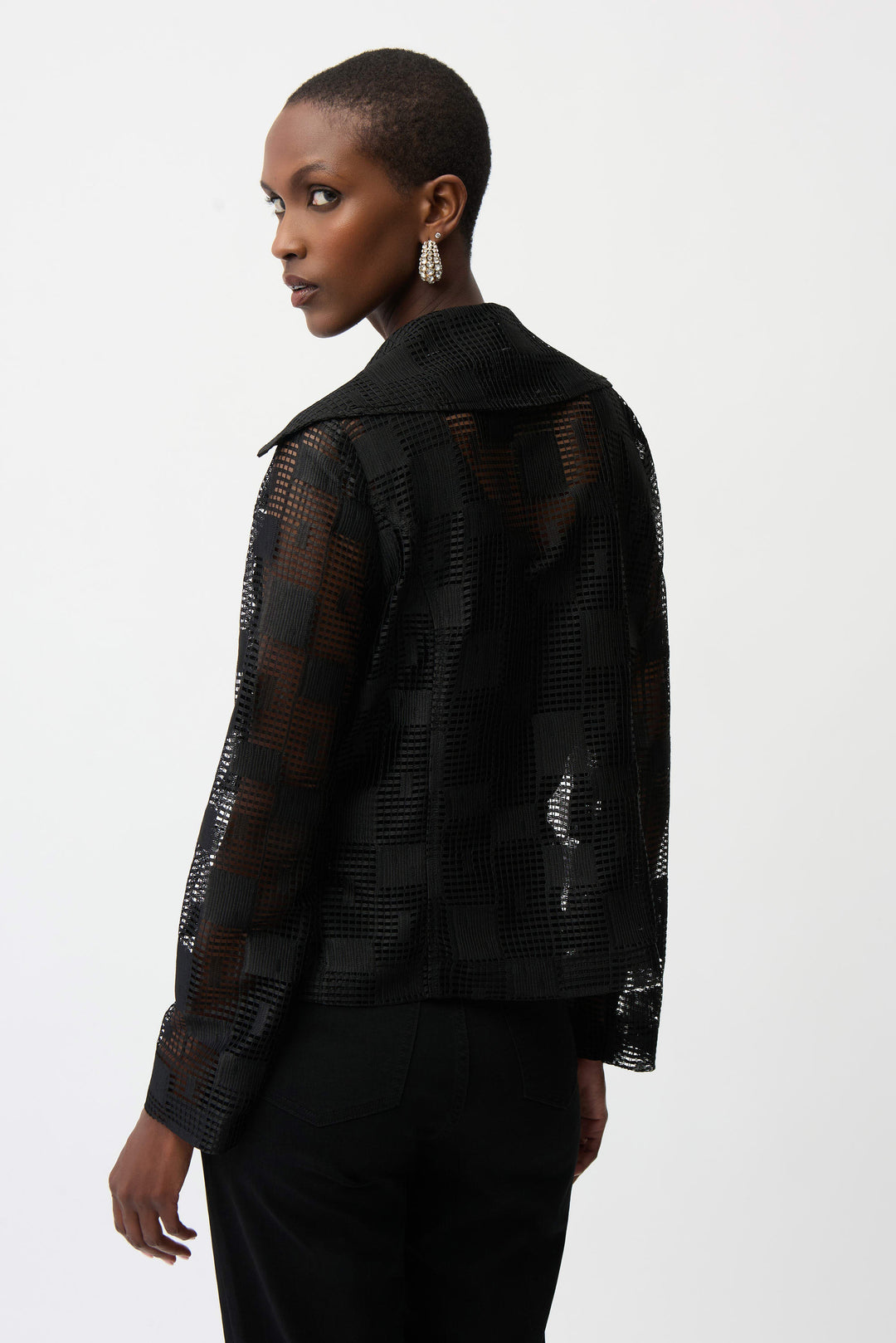 Joseph Ribkoff Geometric Mesh Moto Jacket With Asymmetric Zipper in Black available at Barbara Katz