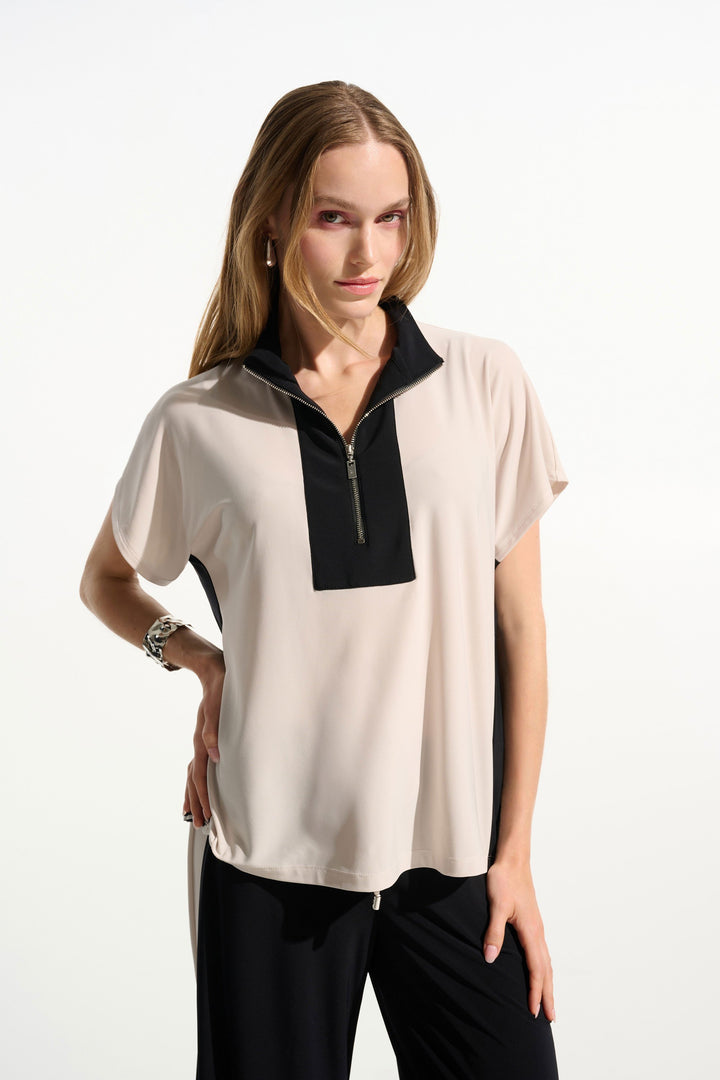 Joseph Ribkoff Silky Knit Color Block Straight Top in Moonstone/Black available at Barbara Katz