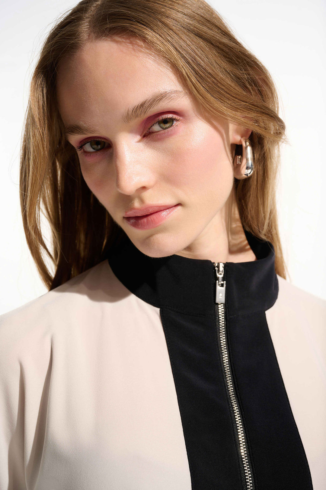 Joseph Ribkoff Silky Knit Color Block Straight Top in Moonstone/Black available at Barbara Katz