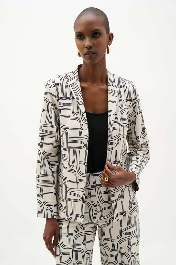 Joseph Ribkoff Millennium Geometric Print Straight-Cut Jacket in Moonstone/Midnight Blue available at Barbara Katz