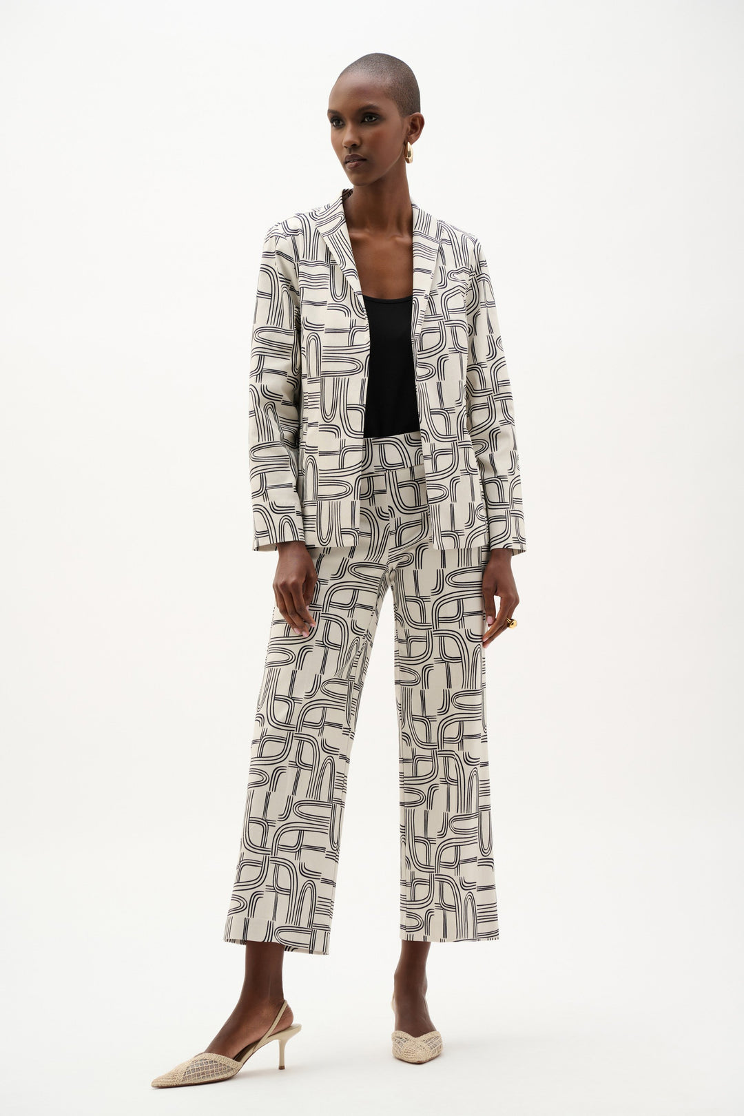 Joseph Ribkoff Millennium Geometric Print Straight-Cut Jacket in Moonstone/Midnight Blue available at Barbara Katz